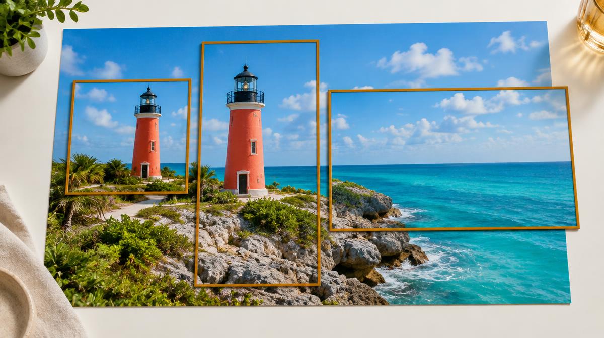 Amber cropping frames arranged over a lighthouse photograph