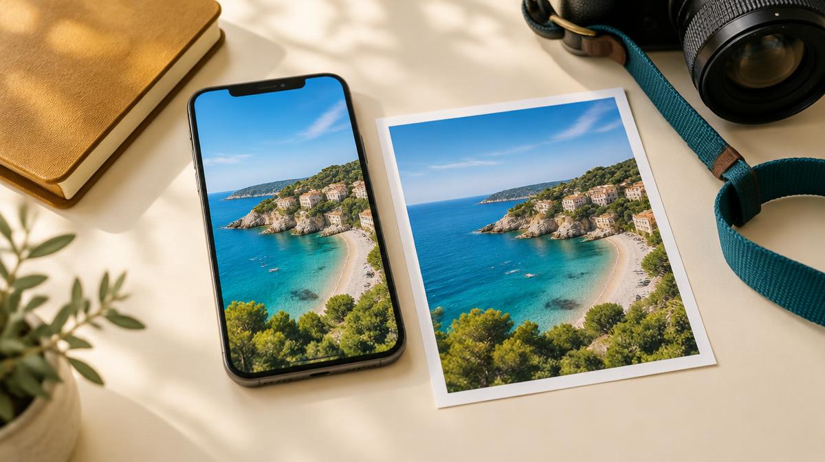 Phone showing a beach photo beside a printed copy
