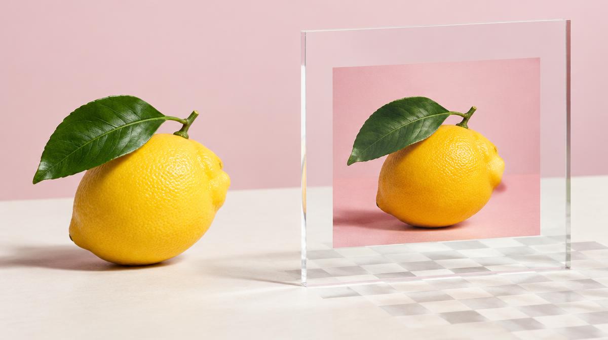 Lemon photo displayed beside a clear acrylic panel