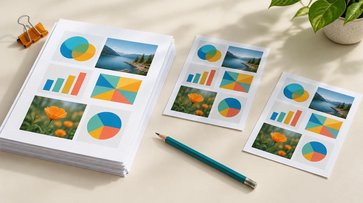 Document pages with colorful diagrams beside separate page prints
