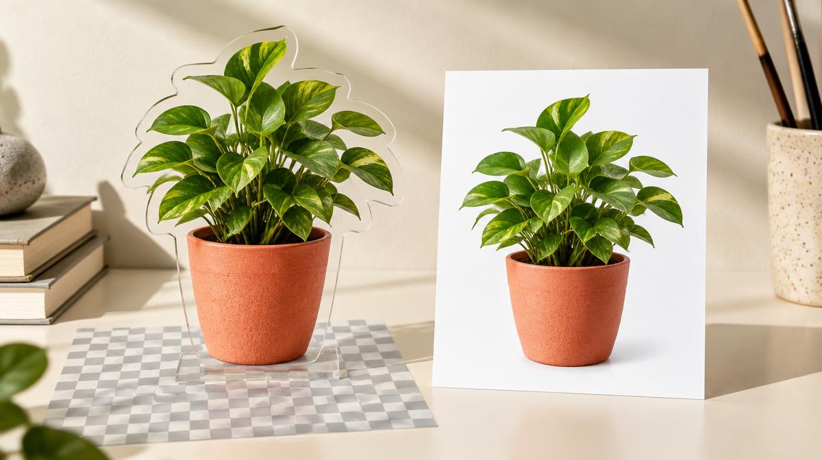 Transparent plant cutout beside a white-background photo print