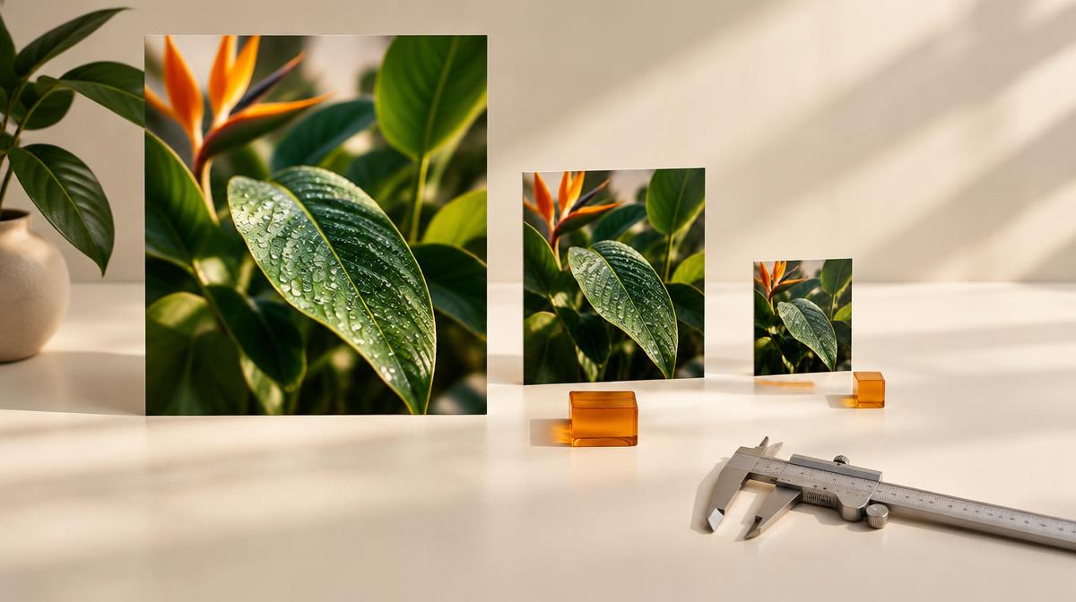 Three botanical photo prints and amber blocks arranged from large to small