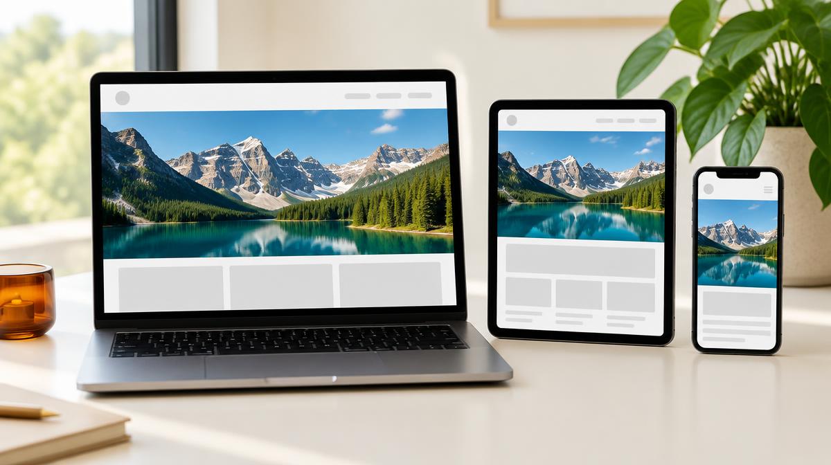 Laptop, tablet and phone displaying the same mountain photograph